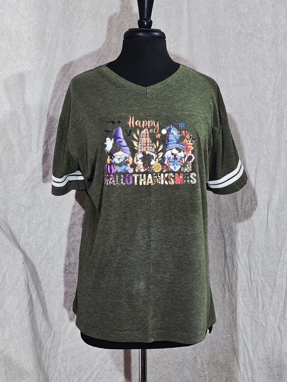 HalloThanksMas Holiday Gnome Varsity Jersey Tee Shirt Green 2XL Halloween